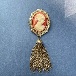 Vintage Cameo Brooch with Tassels Victorian Revival